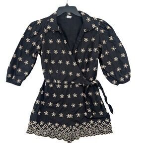 Venus Womens Black Wrap‎ Romper Size 12 Embroidered Eyelet Scallop Hem Summer